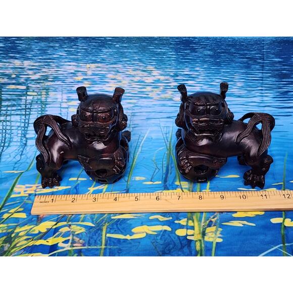 Vintage Chinese Carved Hardwood Temple Foo Dogs Lions Standing On Sphere Pair